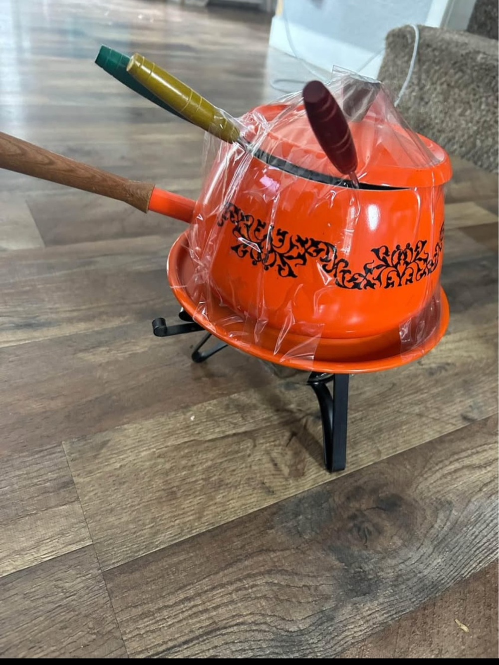 Orange Fondue Set with Decorative Black Pattern - Home Party Supplies